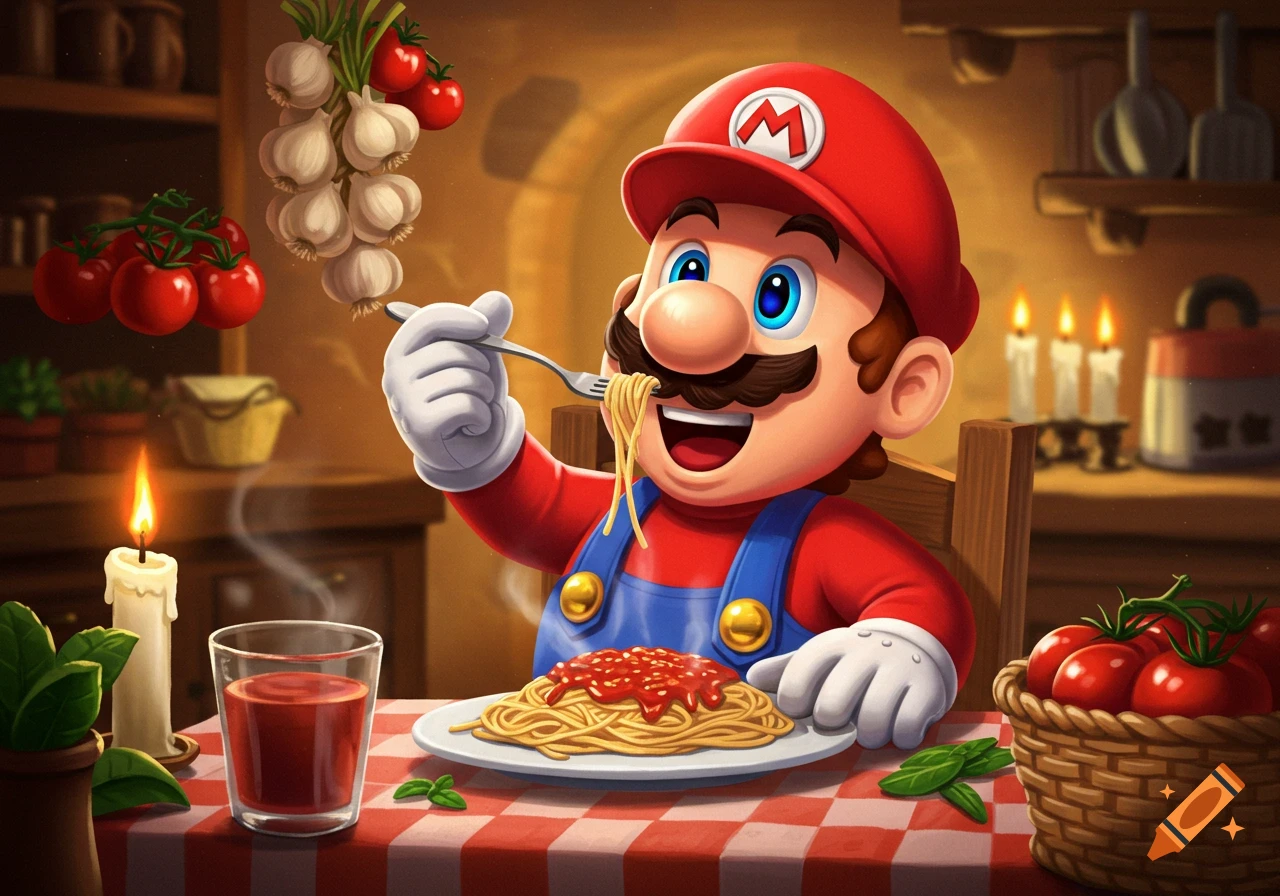 Cartoon illustration of Super Mario happily eating a plate of spaghetti in a cozy kitchen setting.