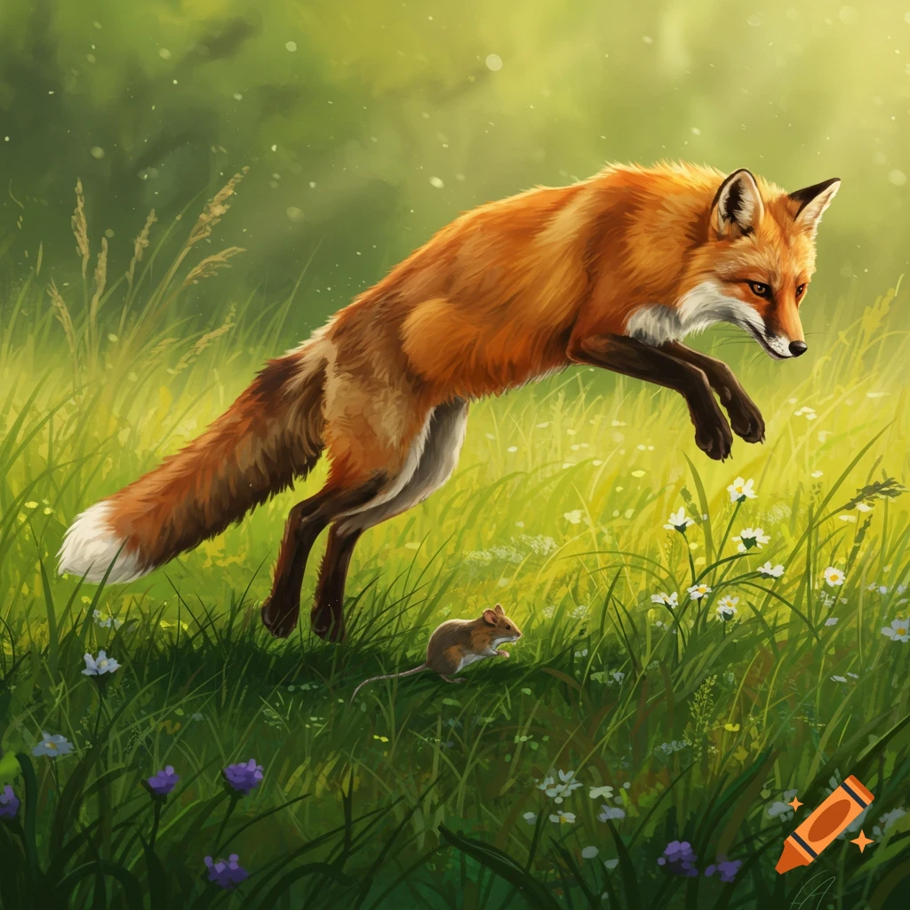 A red fox leaps over a mouse in a vibrant green, painterly meadow with white and purple flowers.