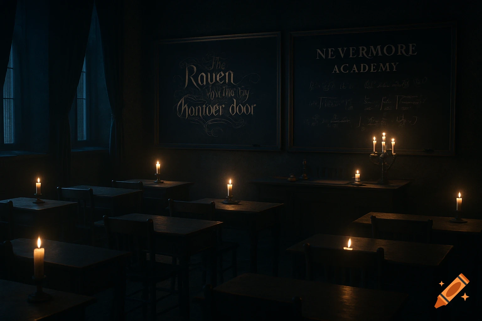 A dimly lit gothic classroom at Nevermore Academy, illuminated only by candles on desks and a candelabra, with dark velvet drapes and chalkboards displaying text and equations.