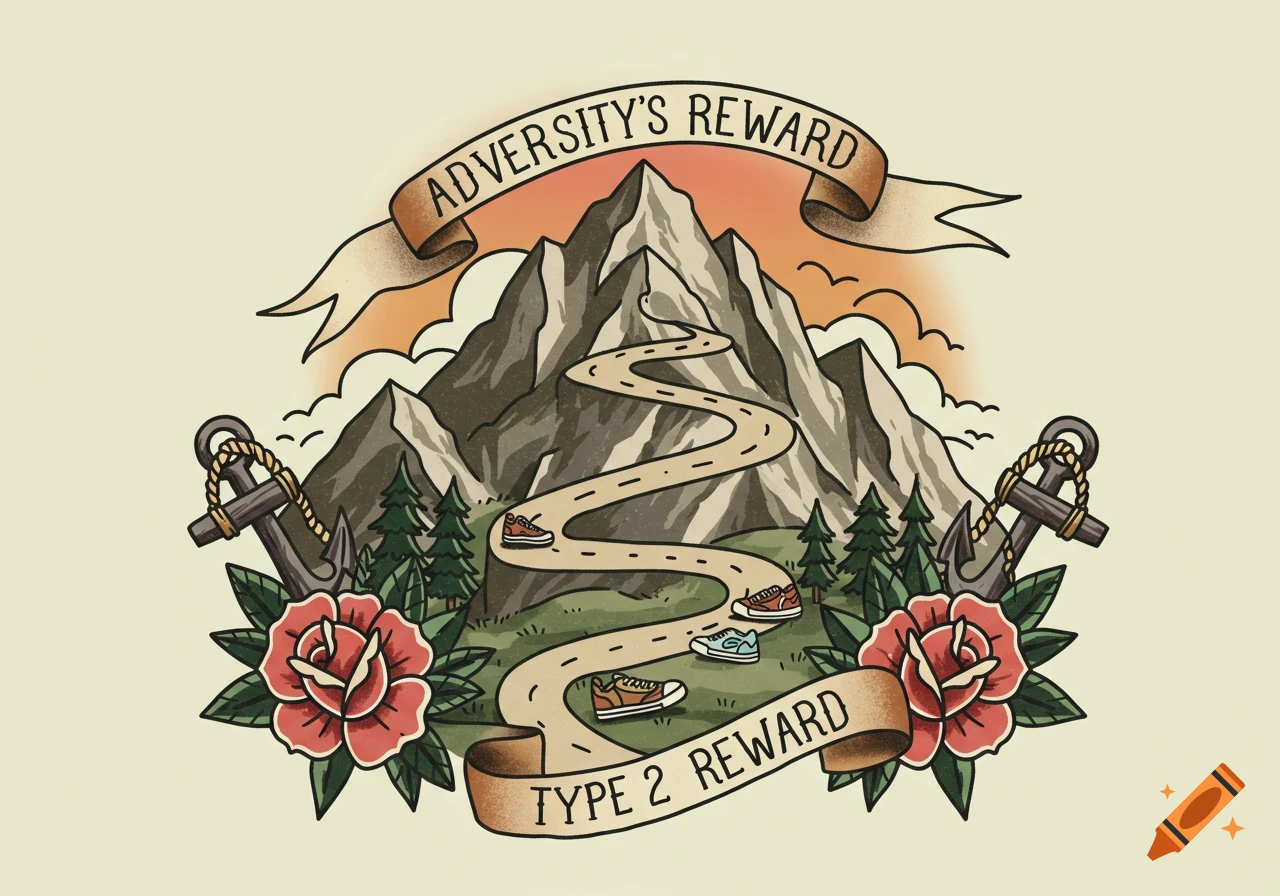 Traditional tattoo design: a mountain path with shoes, anchors, roses, and banners 'ADVERSITY'S REWARD' and 'TYPE 2 REWARD'.