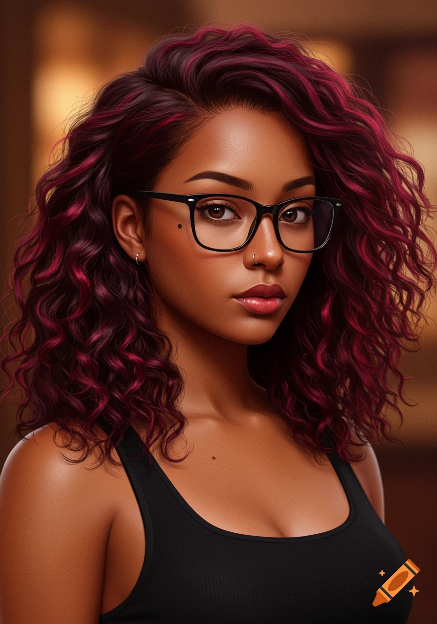 Photorealistic portrait of a woman with red and black curly hair, wearing black glasses and a black tank top.