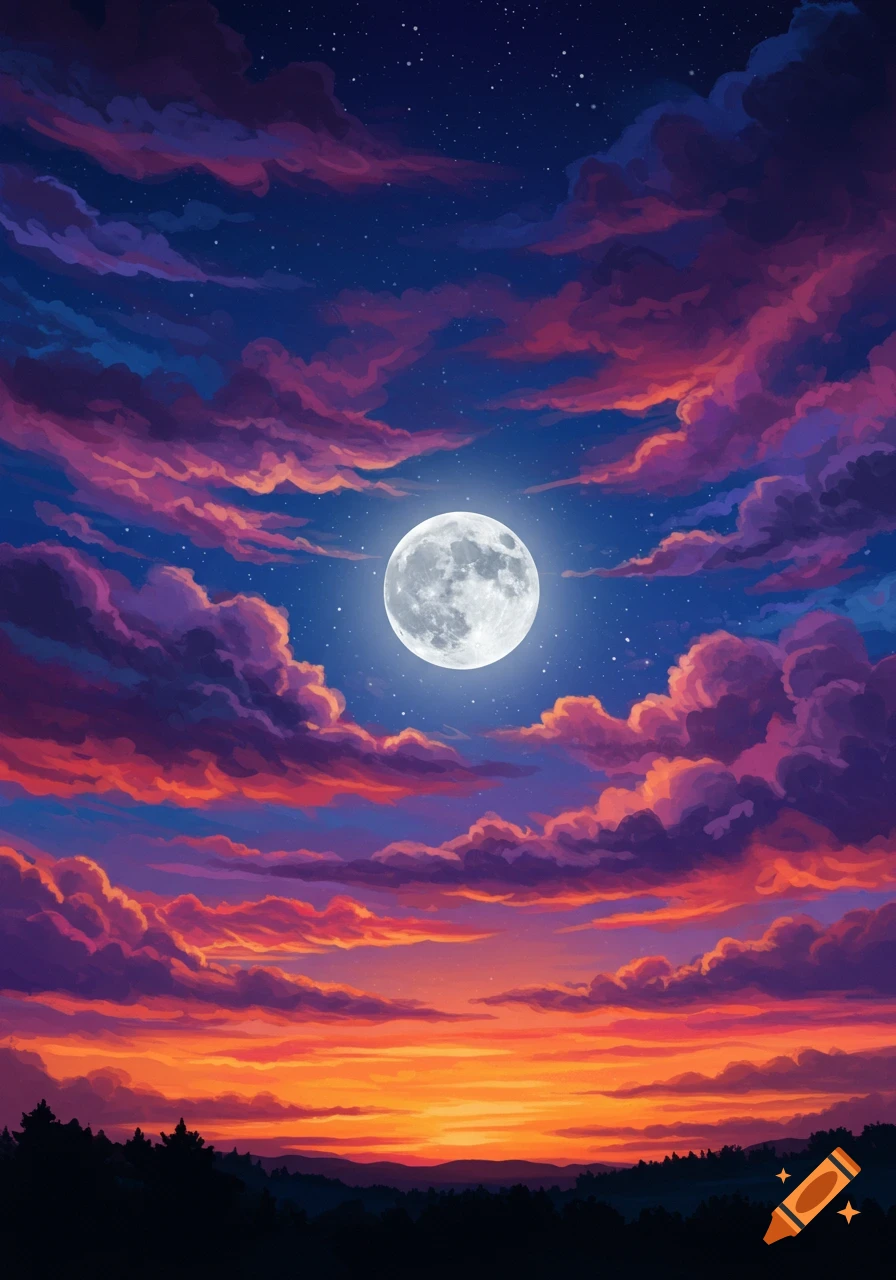 A vibrant night sky with a large full moon, colorful purple, red, orange, and blue clouds, above a dark forest.