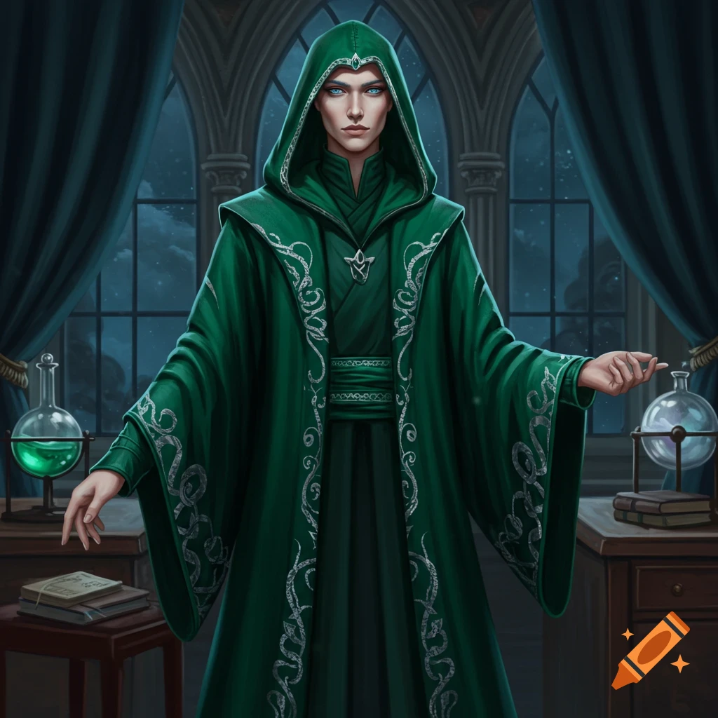 A stoic person in a dark green hooded robe with silver embellishments, standing in a dimly lit chamber with glowing potion bottles.