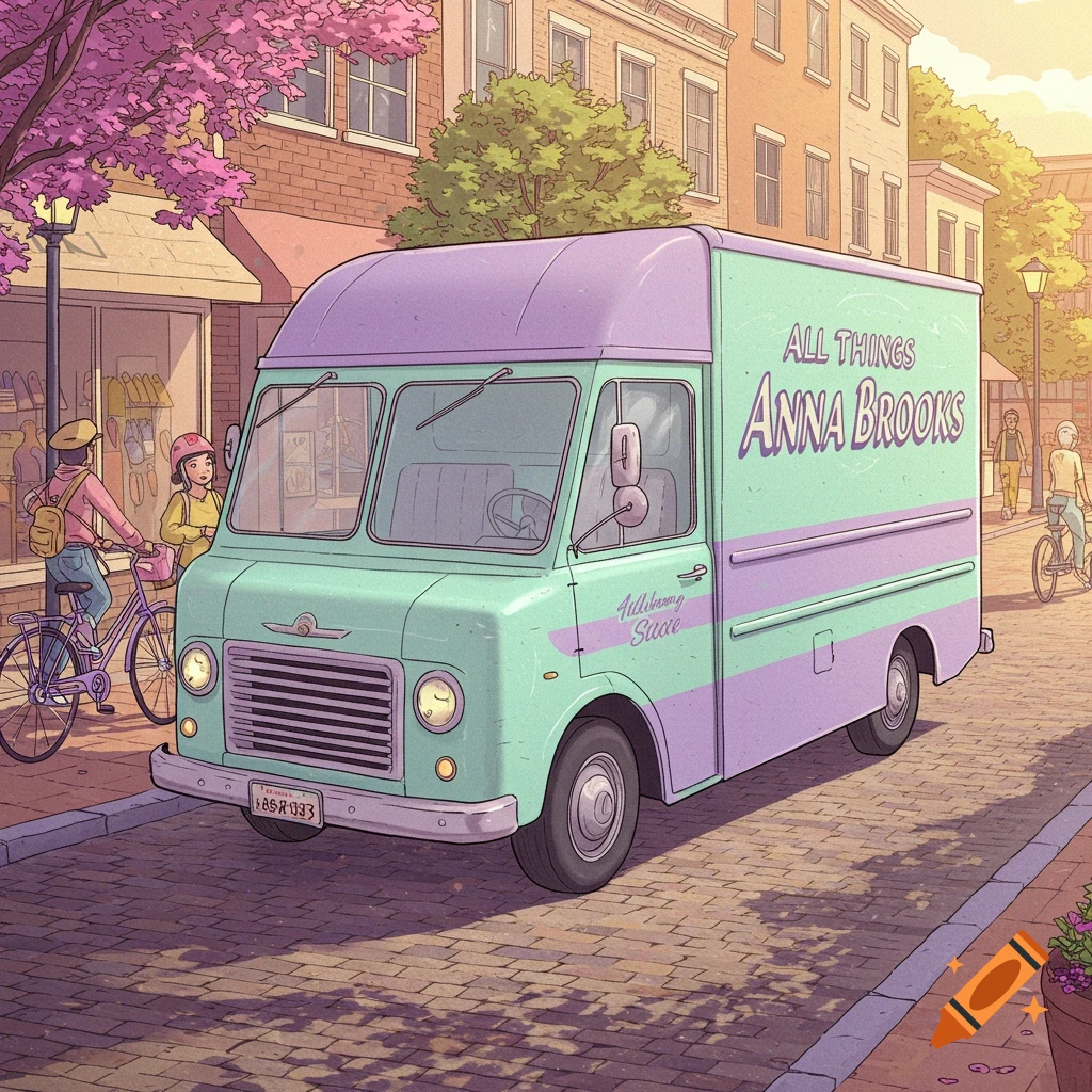 A pastel mint green and purple delivery truck with 'ALL THINGS ANNA BROOKS' on its side is parked on a cobblestone street with people on bikes and buildings in the background, rendered in a charming cartoon style.