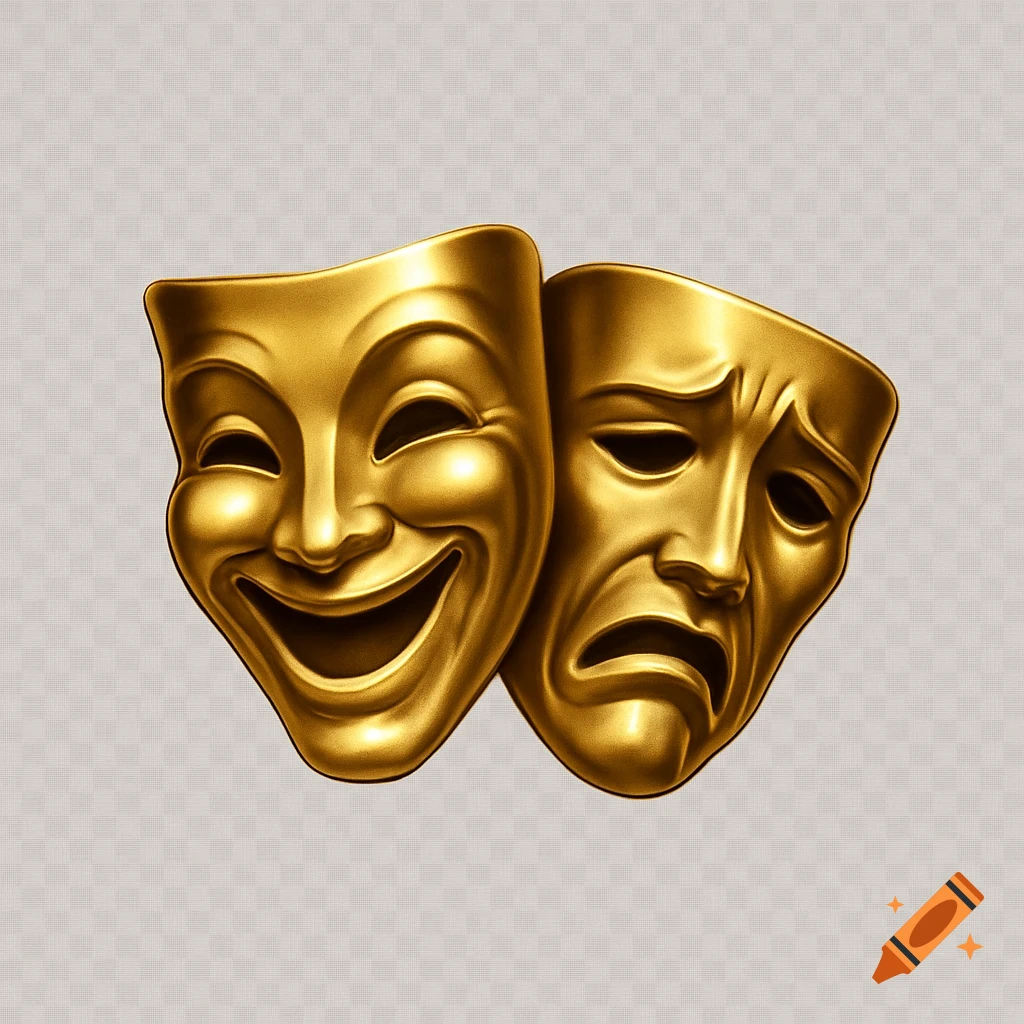 Two realistic, shiny golden theater masks, one laughing and one crying, on a transparent background.