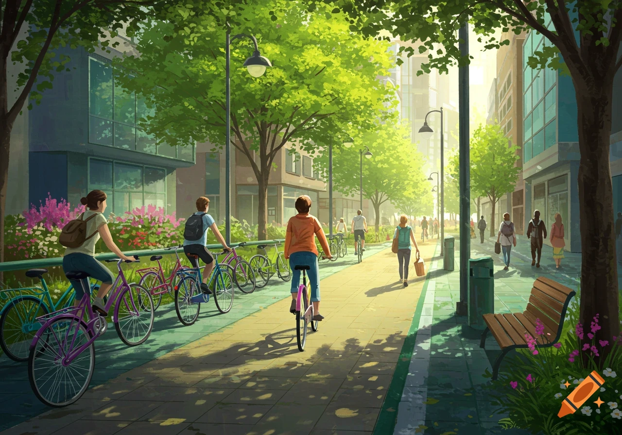 A vibrant, stylized illustration of a city street with people walking and cycling on a sunny day, flanked by trees and buildings.