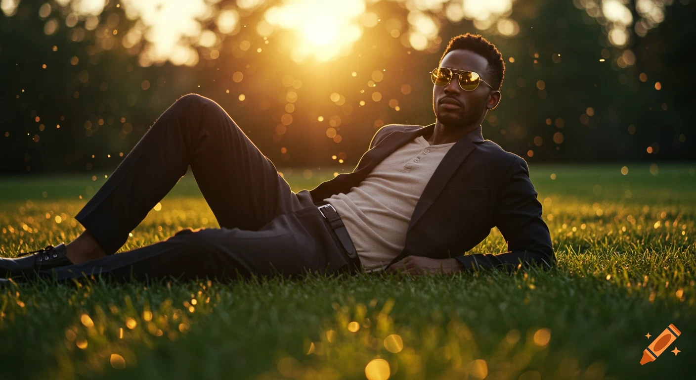 A stylish Black man in sunglasses and a suit jacket lies casually on green grass during a golden hour sunset.