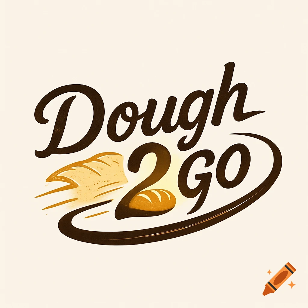 A logo for 'Dough 2 Go' featuring stylized brown text with bread illustrations and a dynamic swoosh.