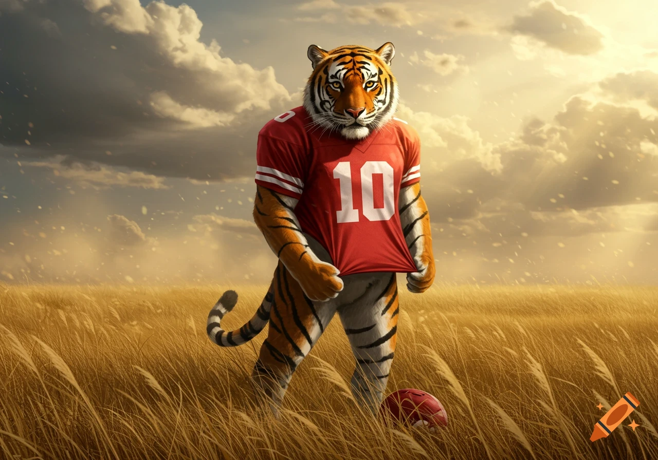 A powerful tiger wearing a red football jersey with number 10 stands in a golden field under a cloudy sky, with a football at its feet.