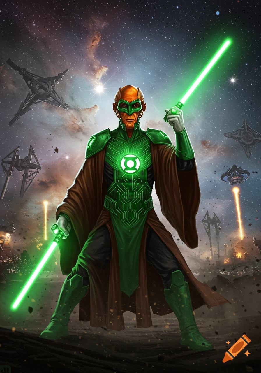 Plo Koon, a Green Lantern, stands in space holding two glowing green sabers, with a city below. Detailed comic art.