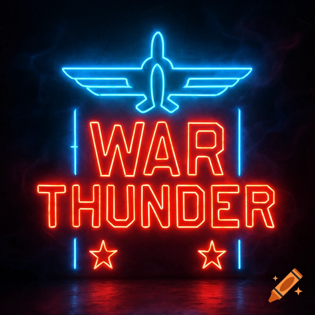 Neon sign with blue airplane silhouette above red 'WAR THUNDER' text and stars on a dark background.