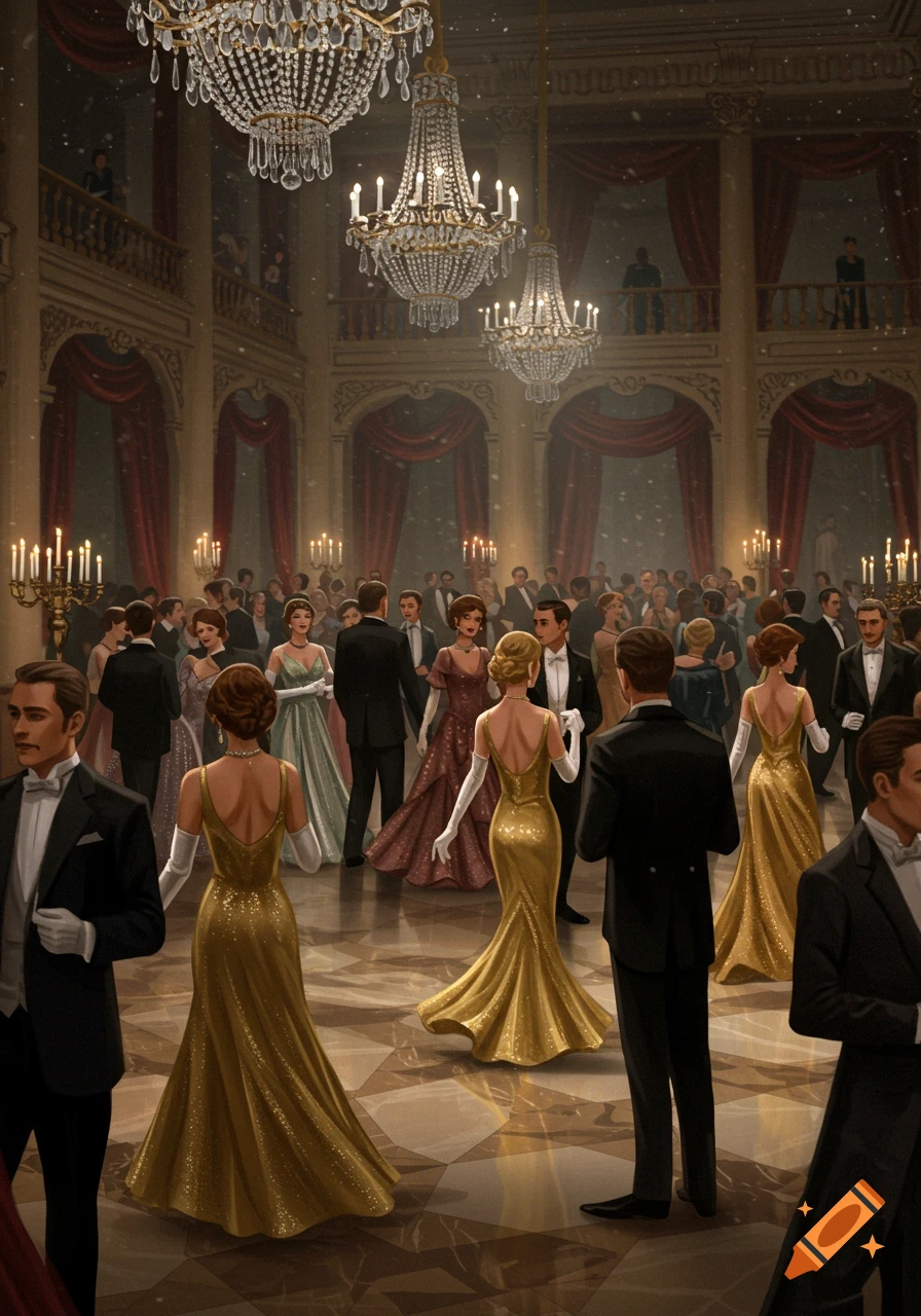 An illustrated scene of a grand ballroom filled with formally dressed people mingling under sparkling chandeliers.