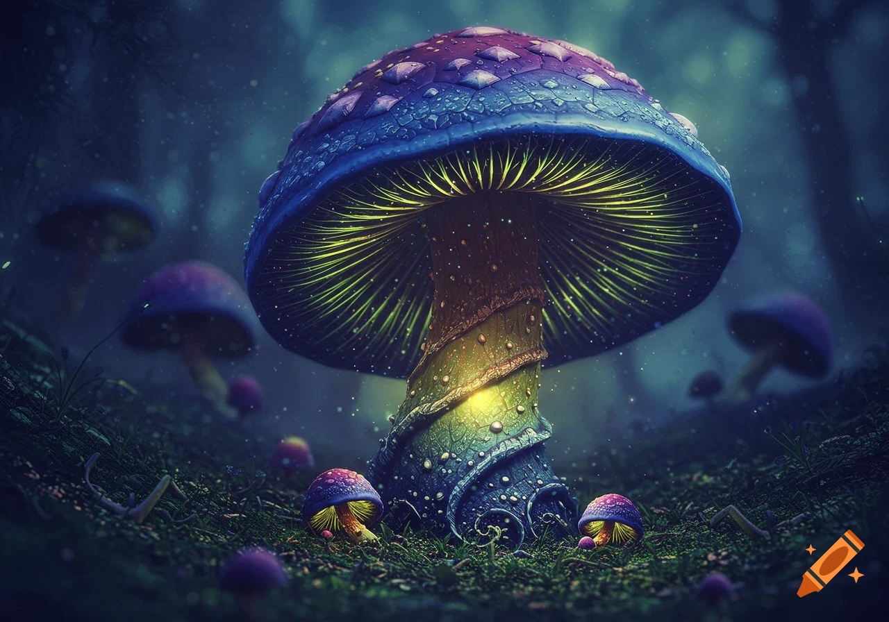 A large, glowing blue and purple fractal mushroom stands in a dark, mystical forest with smaller glowing fungi.