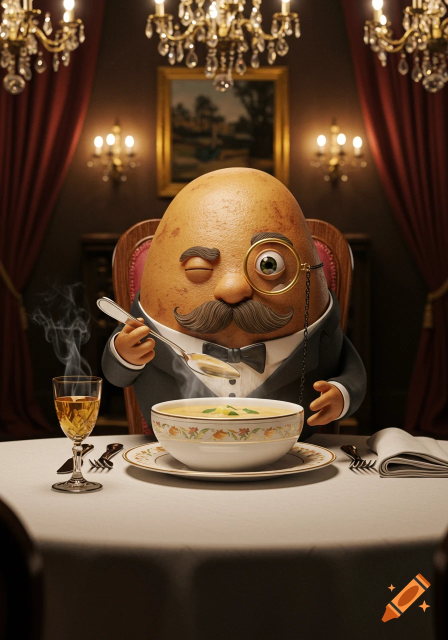 A dapper potato character with a monocle and mustache eats steaming soup at a fancy dinner table.