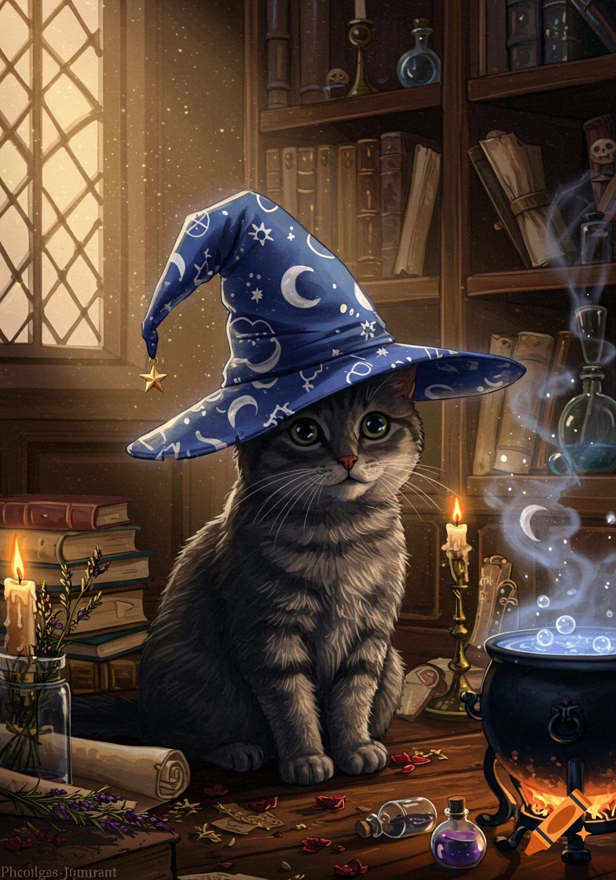A cute gray tabby cat in a blue wizard hat sits in a magical study with books, candles, and a bubbling cauldron, digital art.