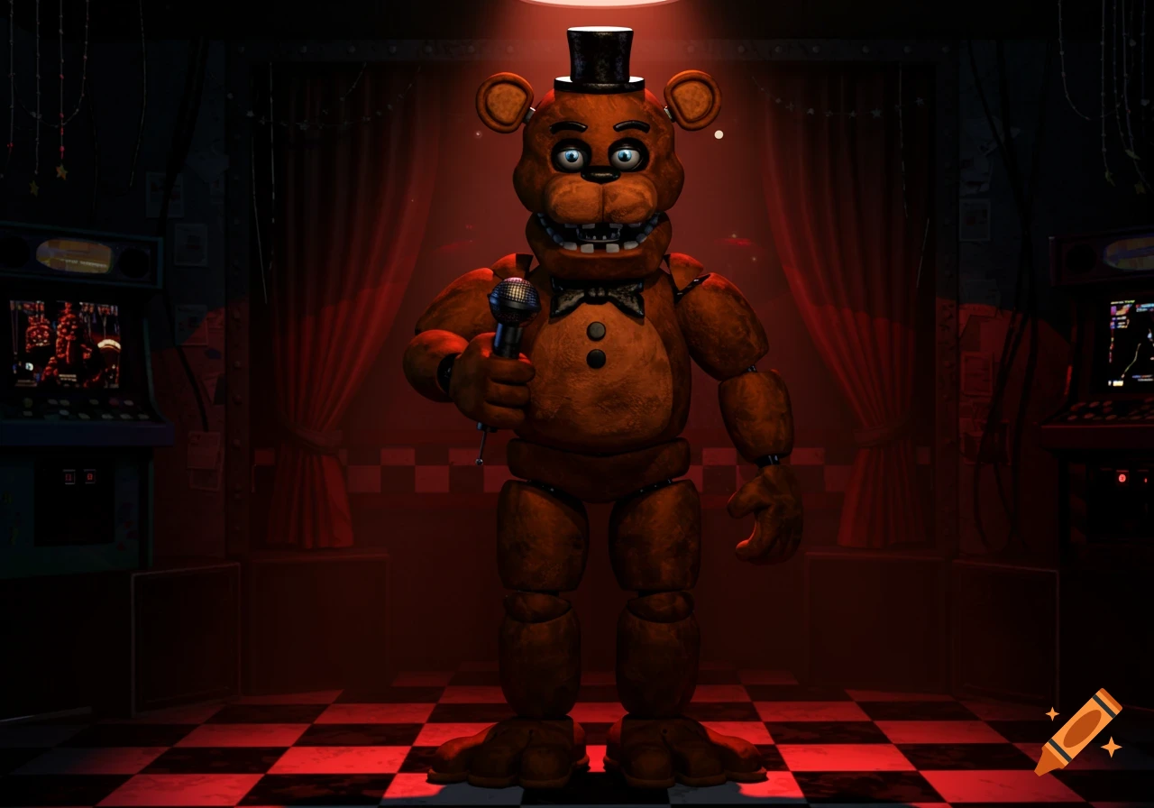 Freddy Fazbear, a brown animatronic bear with a top hat and bowtie, holds a microphone on a checkered stage with red curtains and arcade machines.