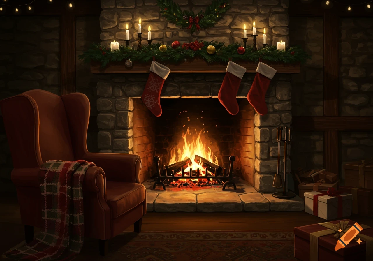 Warm, inviting living room with a lit stone fireplace, Christmas stockings, an armchair, and wrapped gifts.