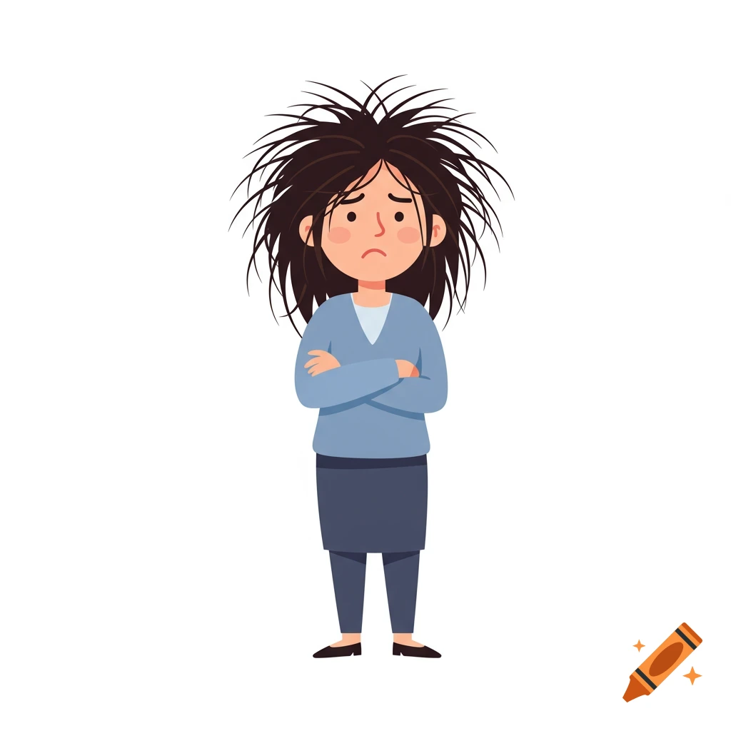 A cartoon woman with very messy dark hair, a sad expression, and crossed arms, wearing a blue top and dark skirt.