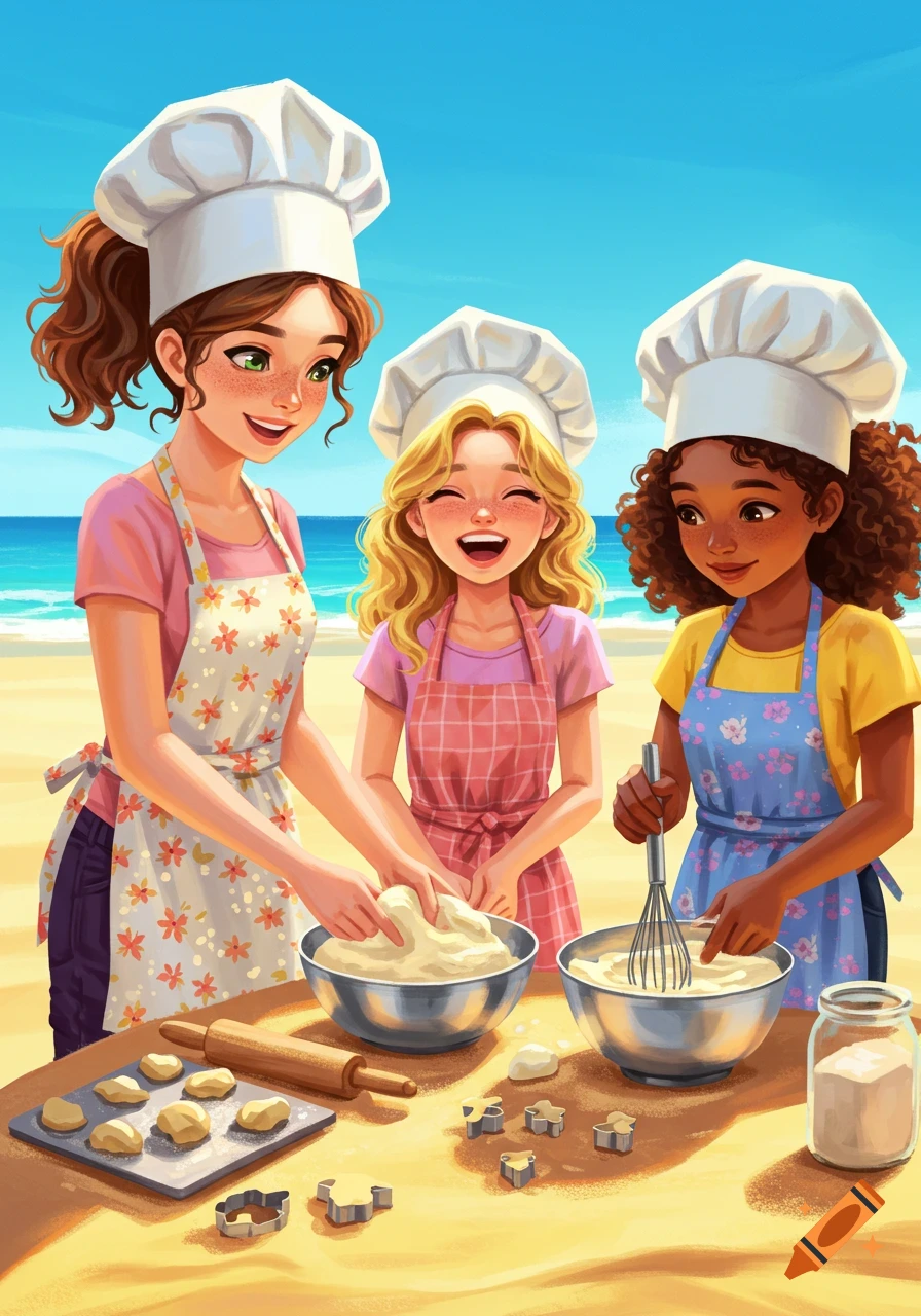 Three cartoon girls in chef hats and aprons bake on a beach with dough and baking tools.