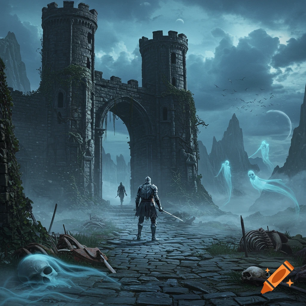 A lone knight stands before a ruined castle gate in a dark, misty fantasy world with glowing blue ghosts and skeletal remains on a cobblestone path.