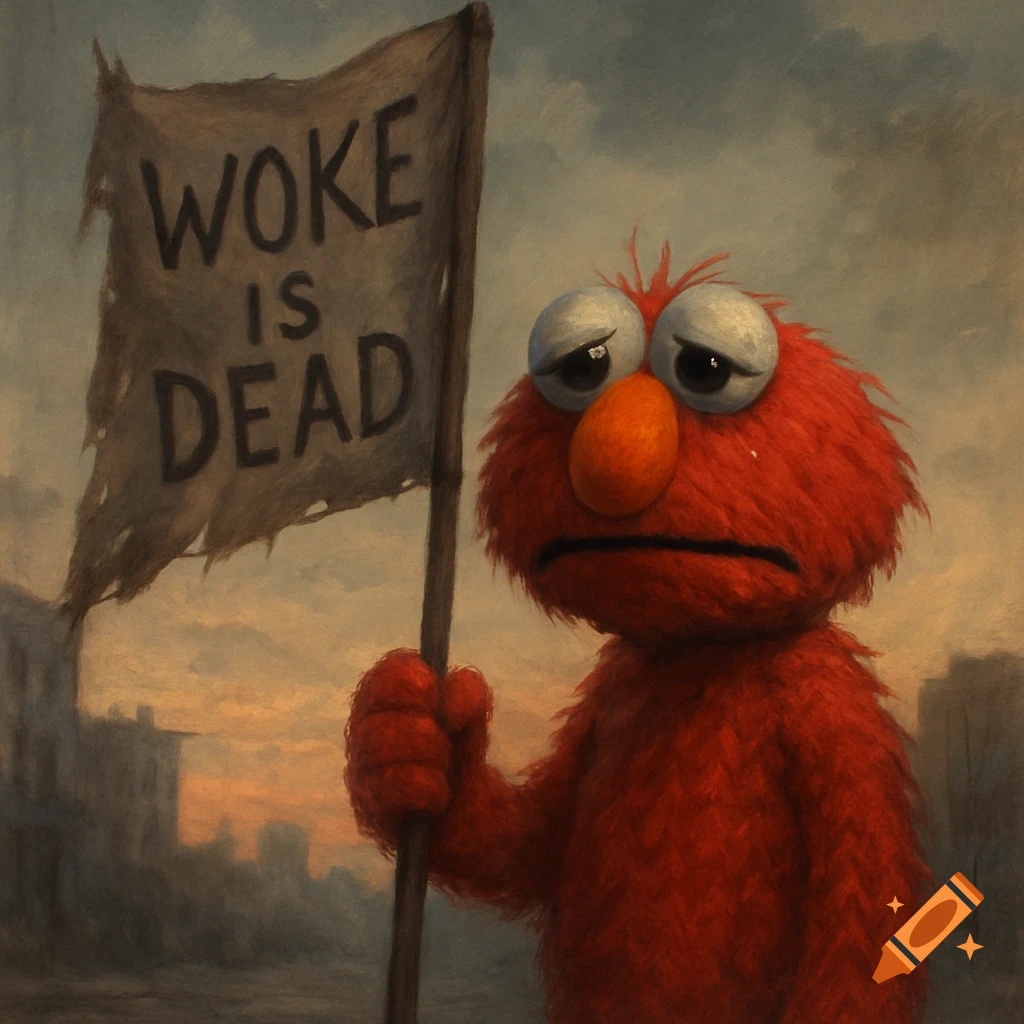 Sad, furry red Elmo holds a tattered flag reading 'WOKE IS DEAD' in a gloomy, painterly landscape.