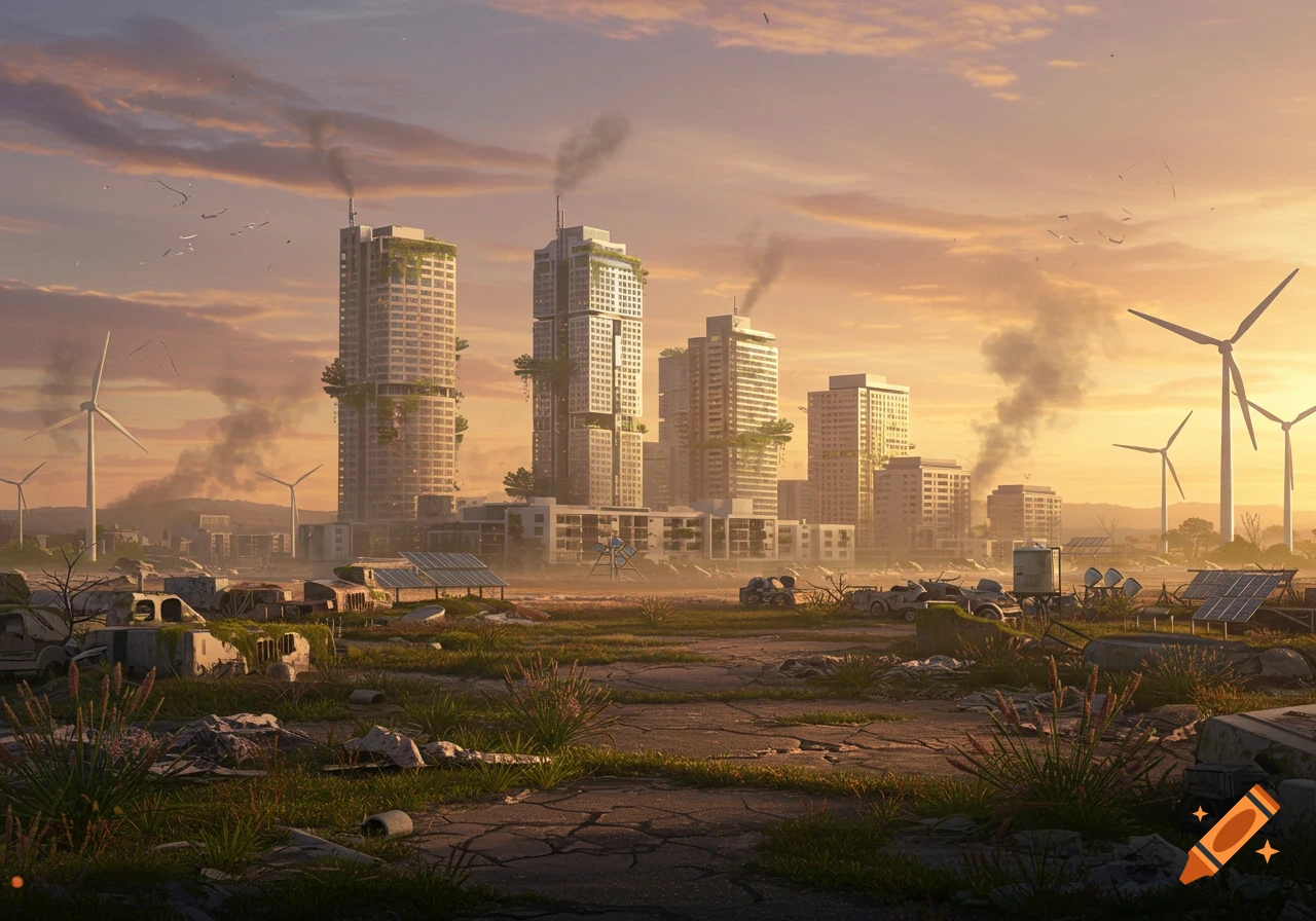 A wide shot of a futuristic, post-apocalyptic city at sunset, with overgrown buildings, wind turbines, and abandoned vehicles.
