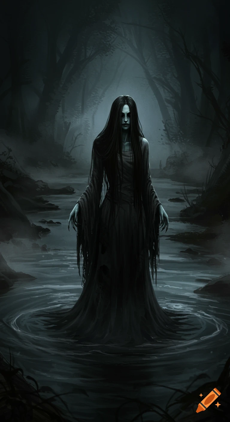 A terrifying, pale ghost with long hair and tattered robes stands in murky water in a dark, misty forest. Digital art.
