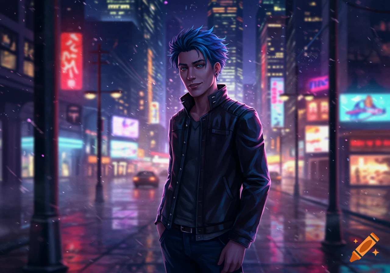 An anime-style young man with blue hair and green eyes stands in a rainy, neon-lit cyberpunk city street at night.