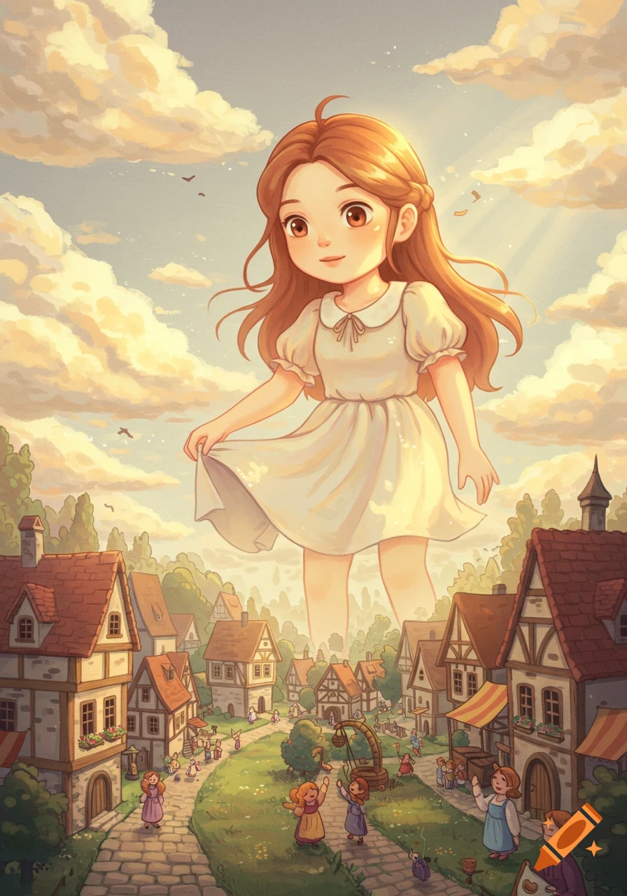 Whimsical illustration of a giantess in a white dress towering over a quaint, sunny village with tiny people.