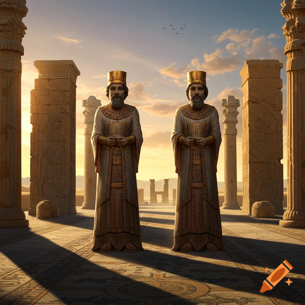 Two ancient Persian king statues in elaborate robes stand among the sunlit ruins of Persepolis at sunset, photorealistic.