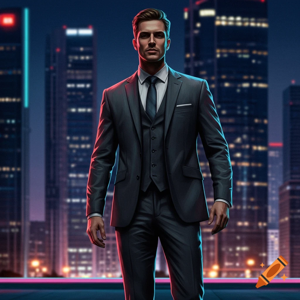 Photorealistic image of a semi-athletic man in a grey suit, standing against a futuristic city skyline at night.