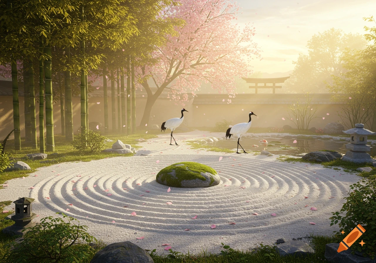 Serene Japanese Zen garden with two cranes, raked sand, cherry blossoms, bamboo, and a distant torii gate under a golden sky.