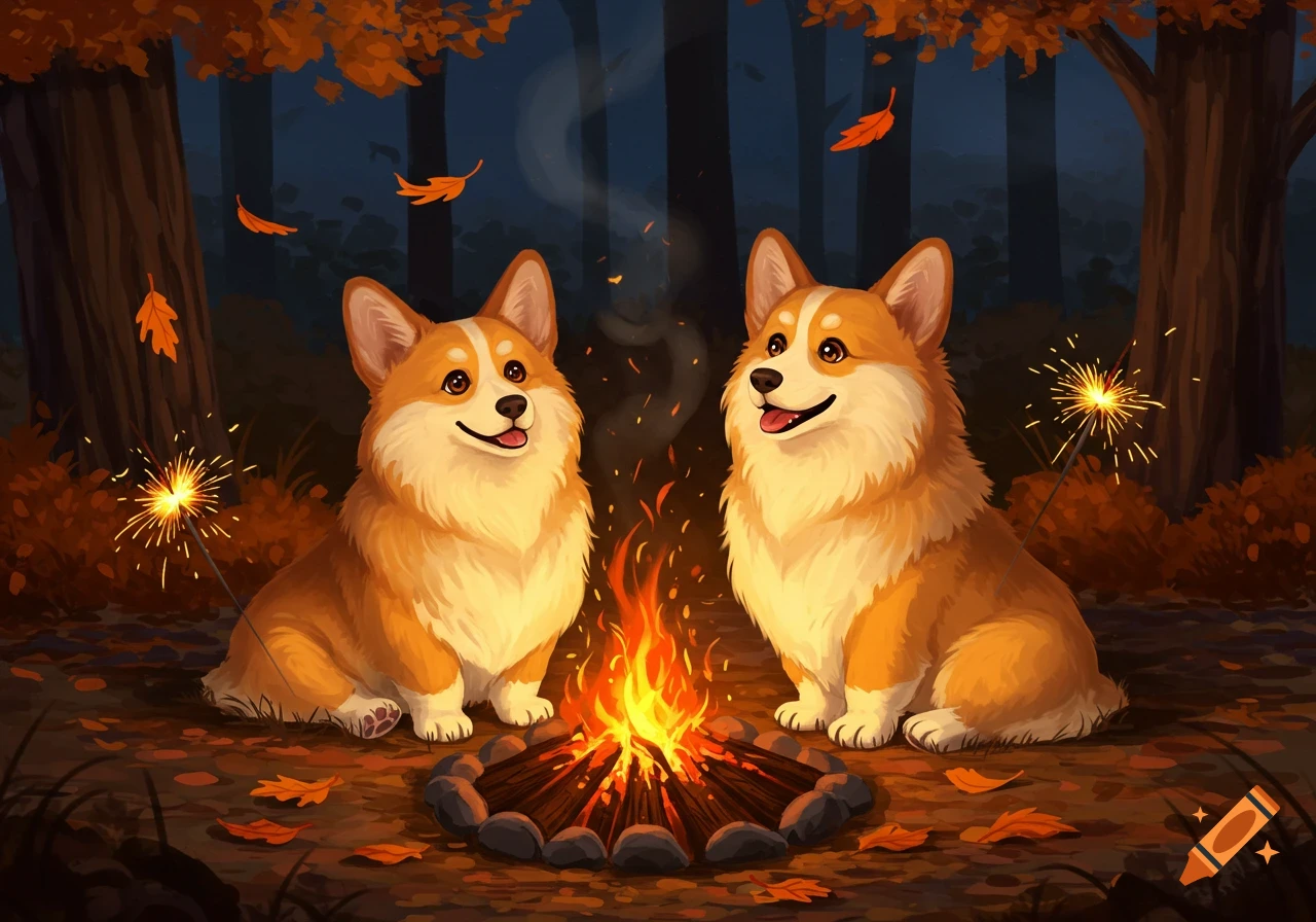 Two happy corgis sit by a crackling bonfire in an autumn forest with falling leaves and sparklers, in a charming illustration.