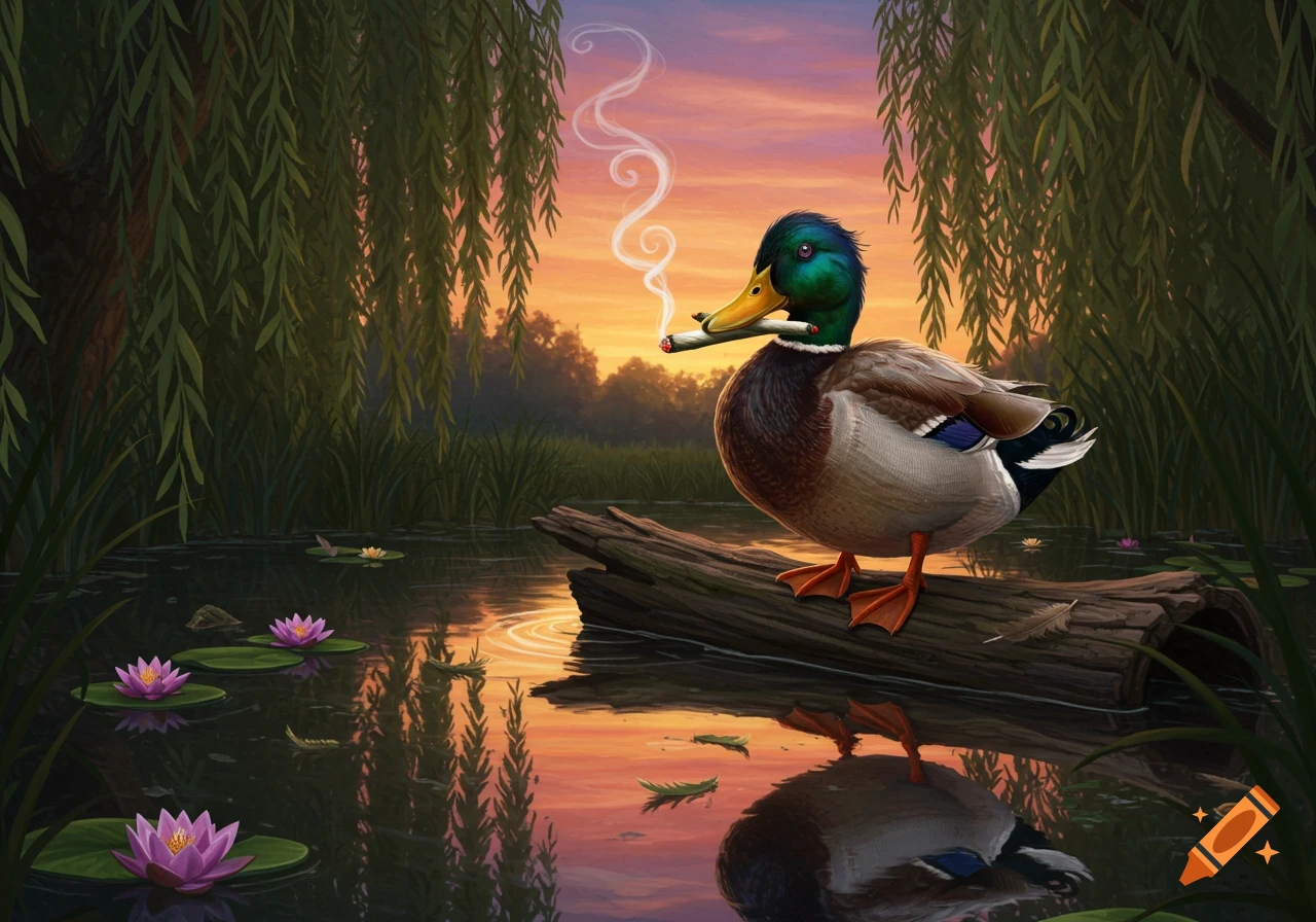 A whimsical mallard duck smoking a blunt while standing on a log in a calm pond at sunset, surrounded by lily pads and willow trees.