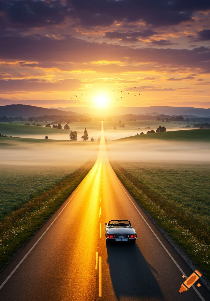 A classic convertible car drives on a long road towards the setting sun over a misty, green rural landscape.