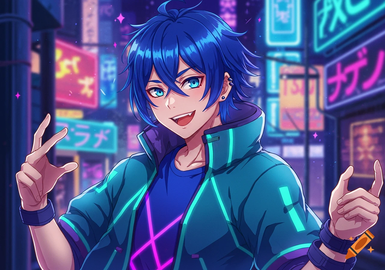 An anime-style male character with spiky blue hair, blue eyes, and fangs smiles brightly, making a peace sign in a vibrant neon city at night.