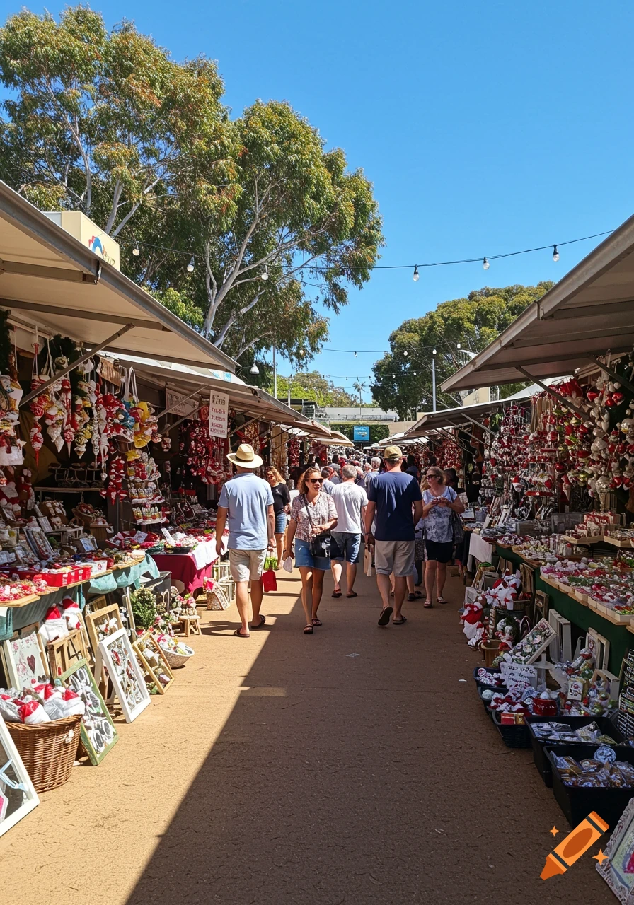 Shoppers walk down an aisle between festive stalls filled with Christmas decorations at an outdoor market on a sunny day.