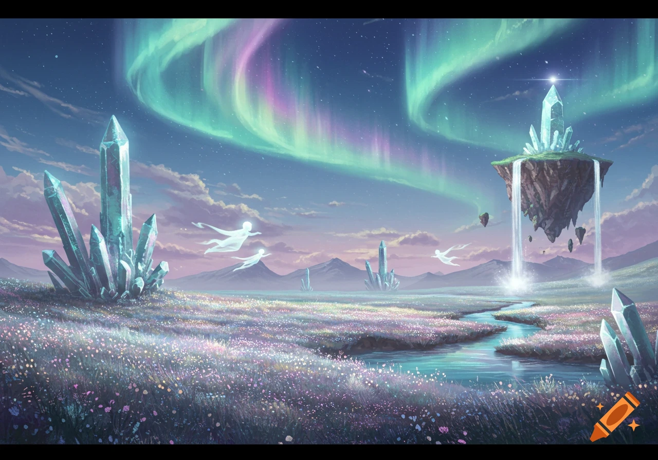 Vibrant fantasy landscape with large crystals, a river, a floating island, and glowing figures under a colorful aurora borealis.