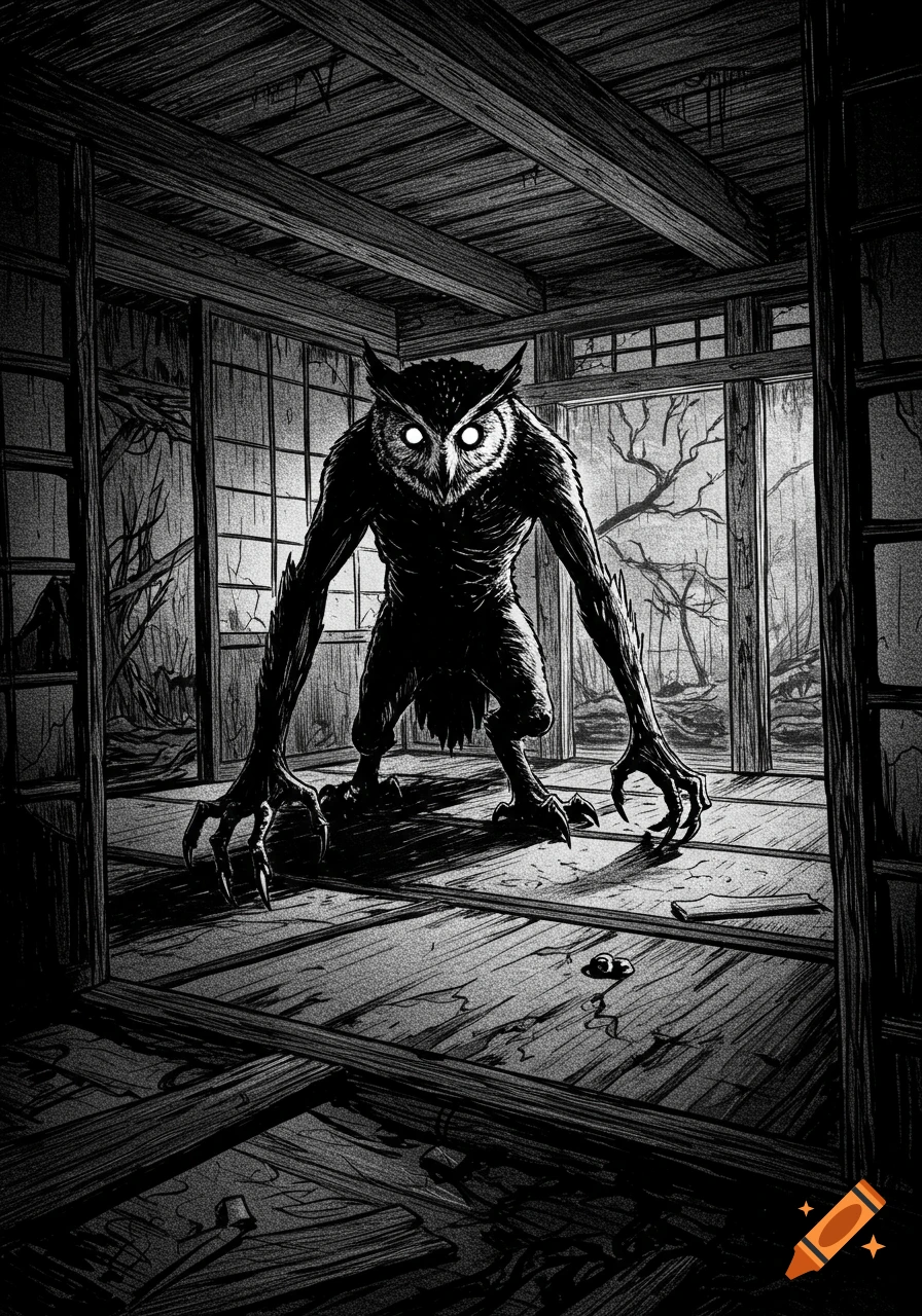 A creepy owl-headed monster with glowing eyes and long talons stands in a decrepit, dark Japanese tea house in a black and white manga sketch.