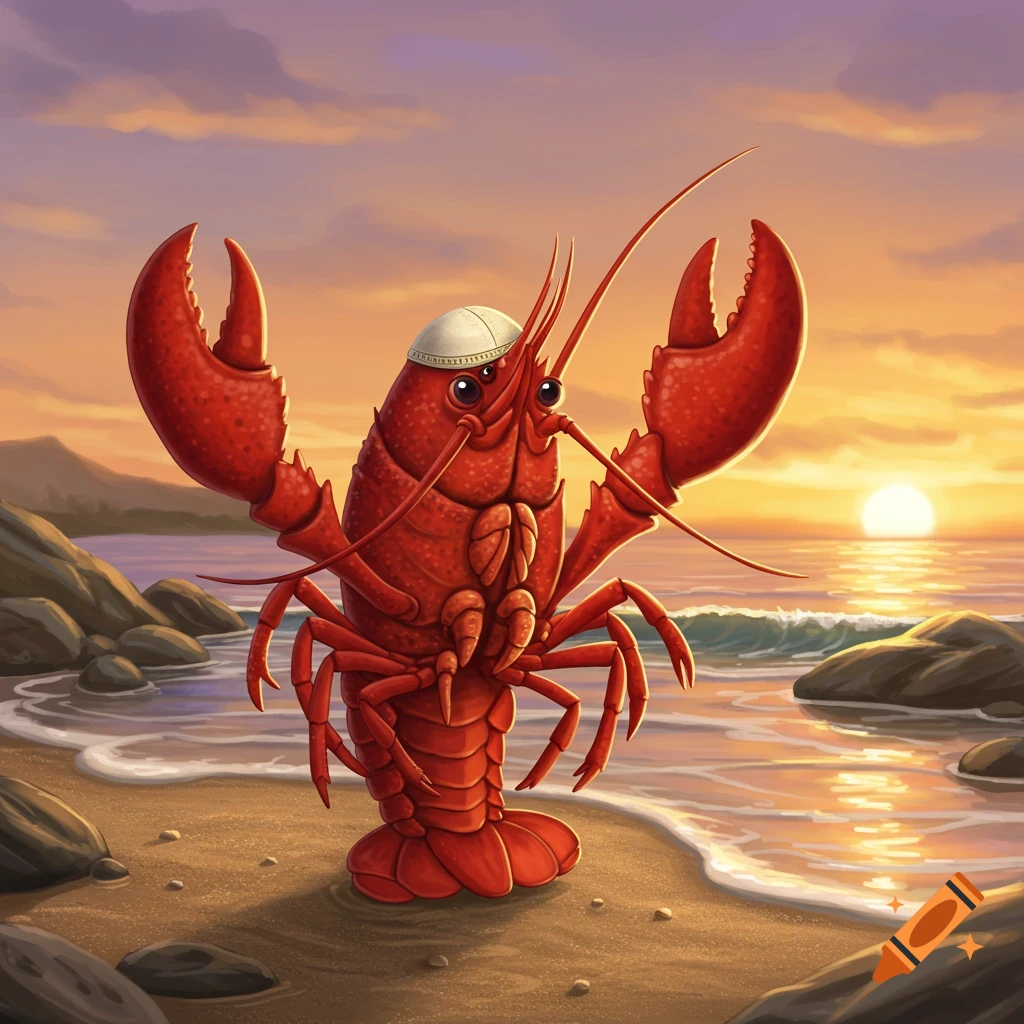 A friendly cartoon red lobster wearing a white kippa stands on a sandy beach at sunset with waves, rocks, and an orange sky.