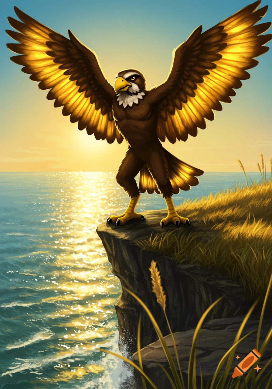 A cartoon anthropomorphic hawk with golden wings stands on a cliff overlooking a sparkling ocean at sunset.