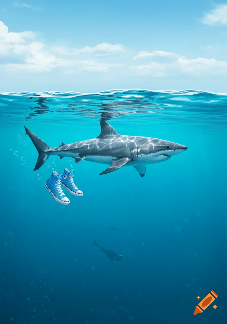 A photorealistic great white shark swims underwater next to a pair of bright blue high-top sneakers.