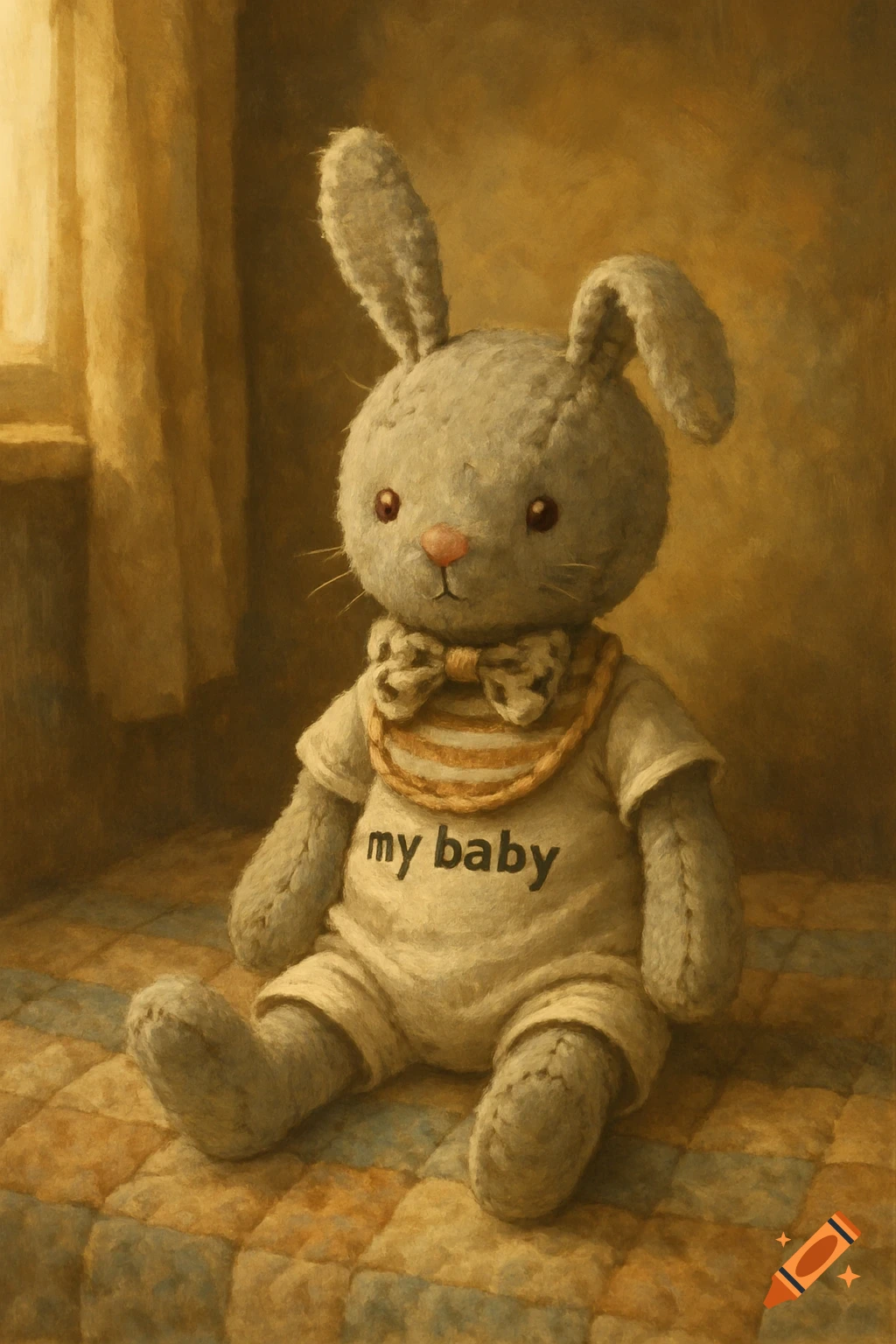 A light grey, slightly worn stuffed bunny with pink eyes and nose wears a white 'my baby' onesie and striped bib, sitting on a quilted surface in a painterly style.
