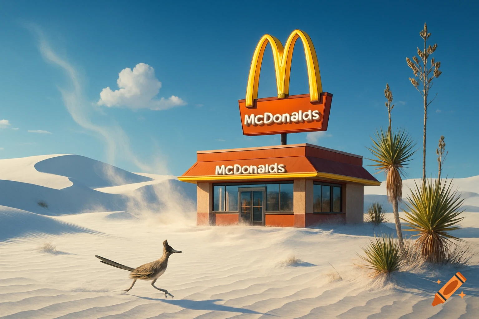 A photorealistic McDonald's restaurant stands amidst white sand dunes with desert plants, a roadrunner runs in the foreground under a blue sky.