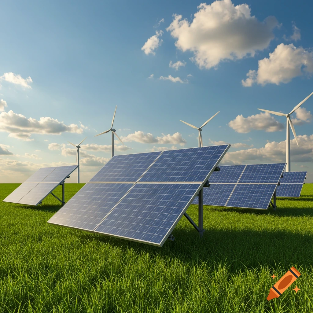 Photorealistic scene of solar panels and wind turbines in a vibrant green field under a clear blue sky with white clouds.