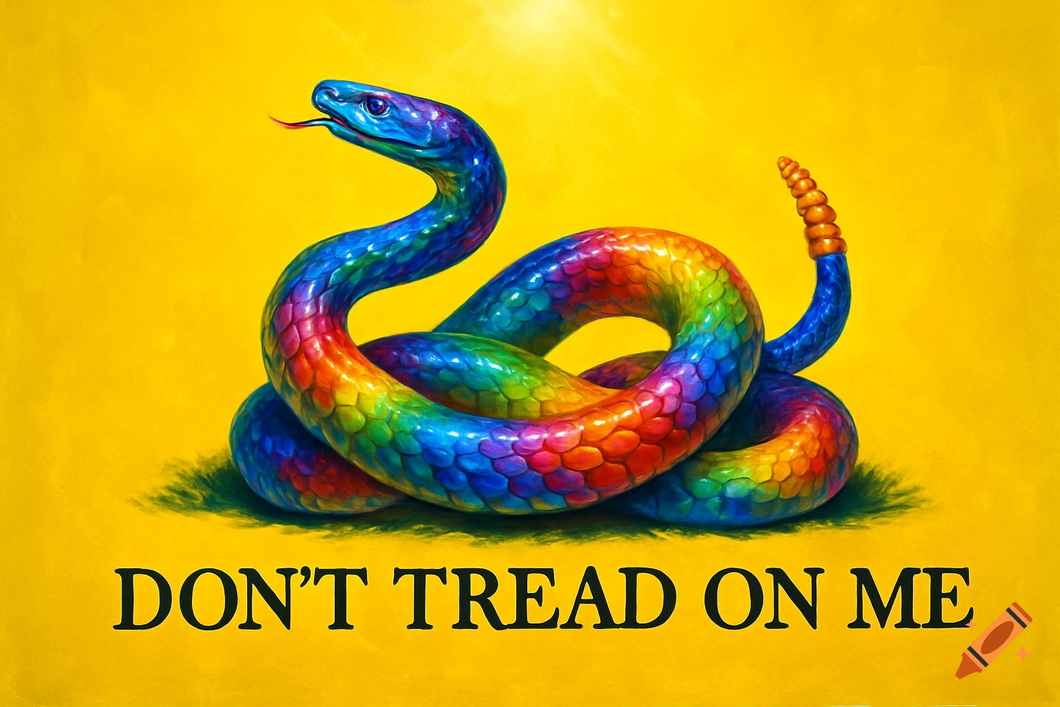 A vibrant, coiled rainbow snake with a rattle, on a bright yellow background. Below the snake, the text reads "DON'T TREAD ON ME".