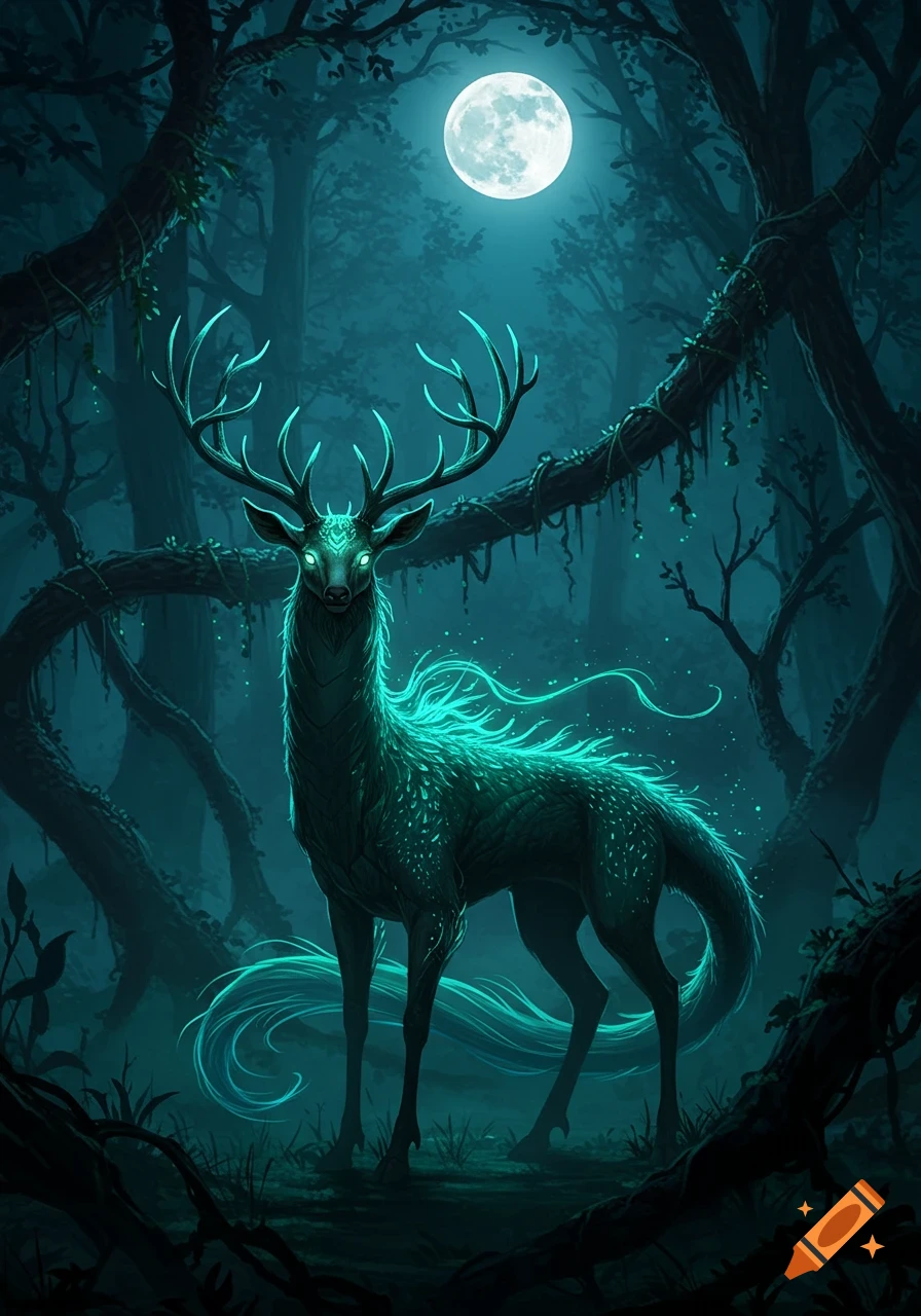 A glowing, antlered, deer-like creature stands in a dark, mystical forest under a full moon.