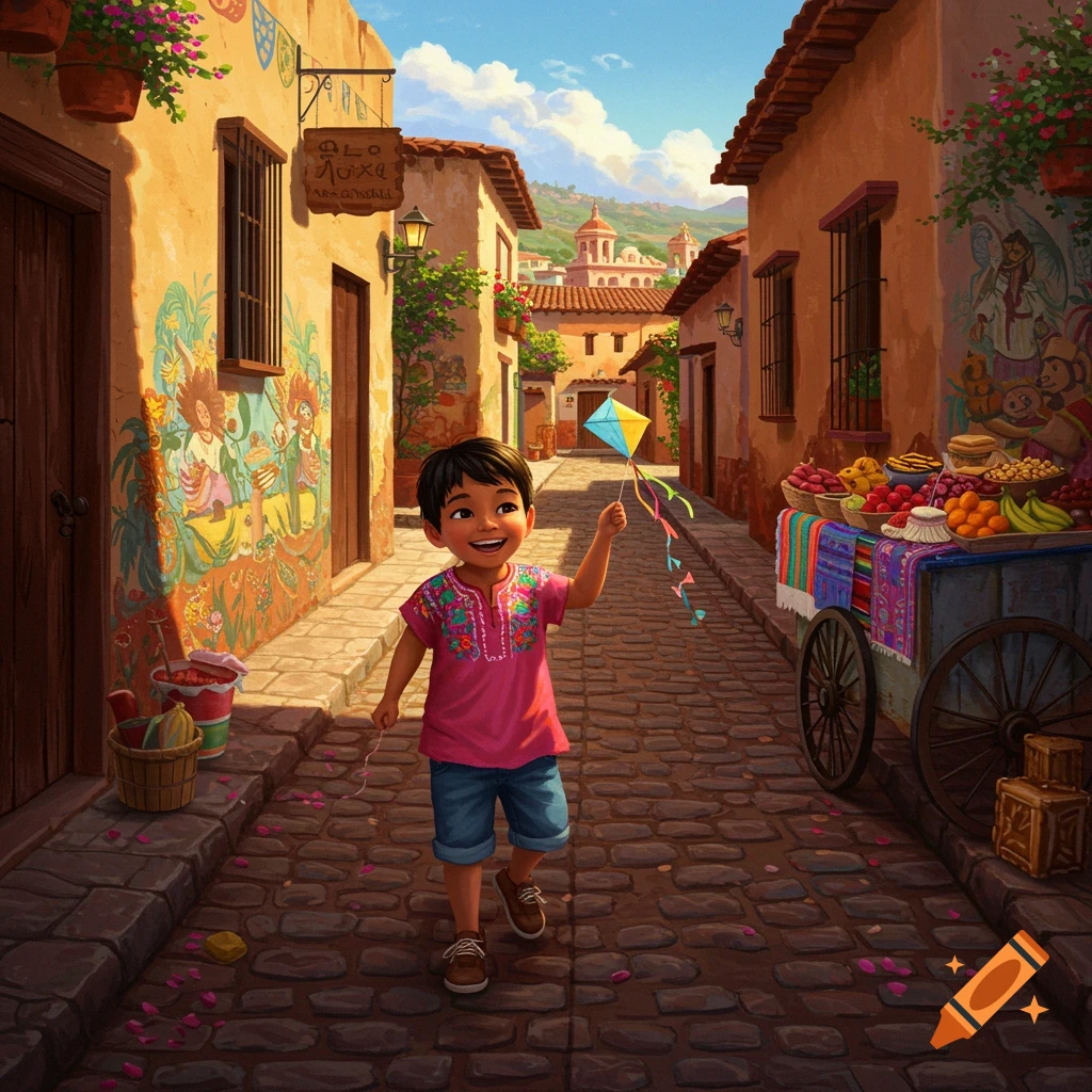 Happy Mexican boy in an embroidered pink shirt and shorts walks down a colorful cobblestone street with a kite, past murals and a fruit cart.