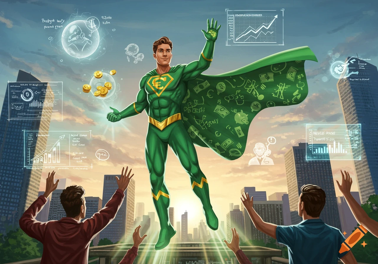 A green superhero with a euro symbol floats above a city, surrounded by financial data screens and gold coins, as people reach up.