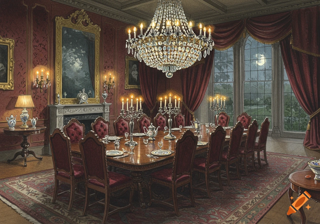 A watercolor rendering of a lavish gothic-style dining room with a large crystal chandelier, a long table set with dinnerware, red velvet chairs, and tall windows showing a moonlit night.